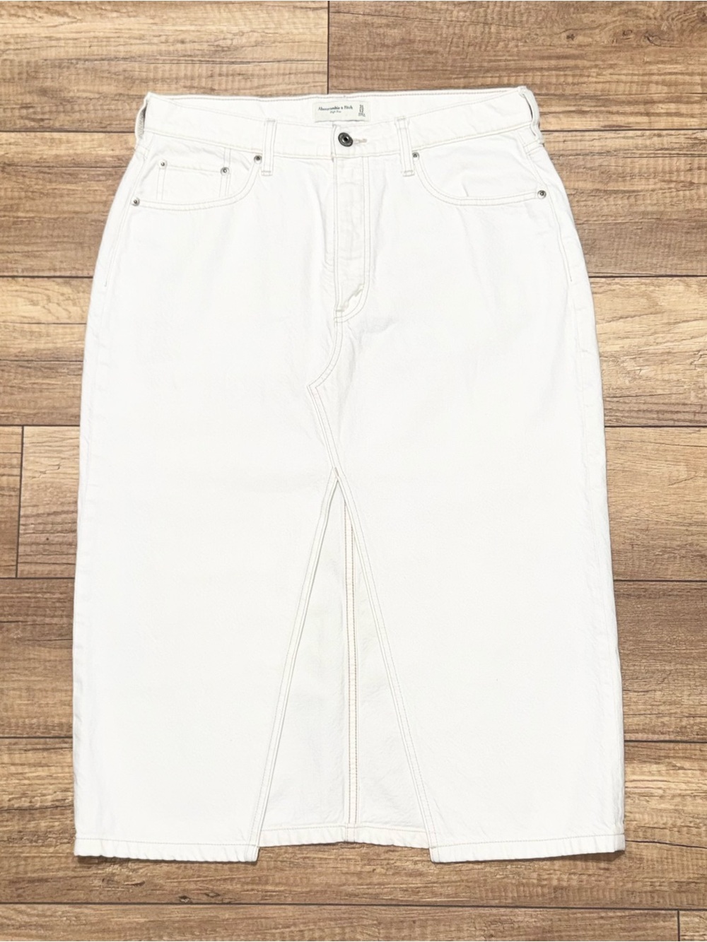 Abercrombie Fitch White Denim High Rise Front Slit Y2K Maxi Skirt Womens 12